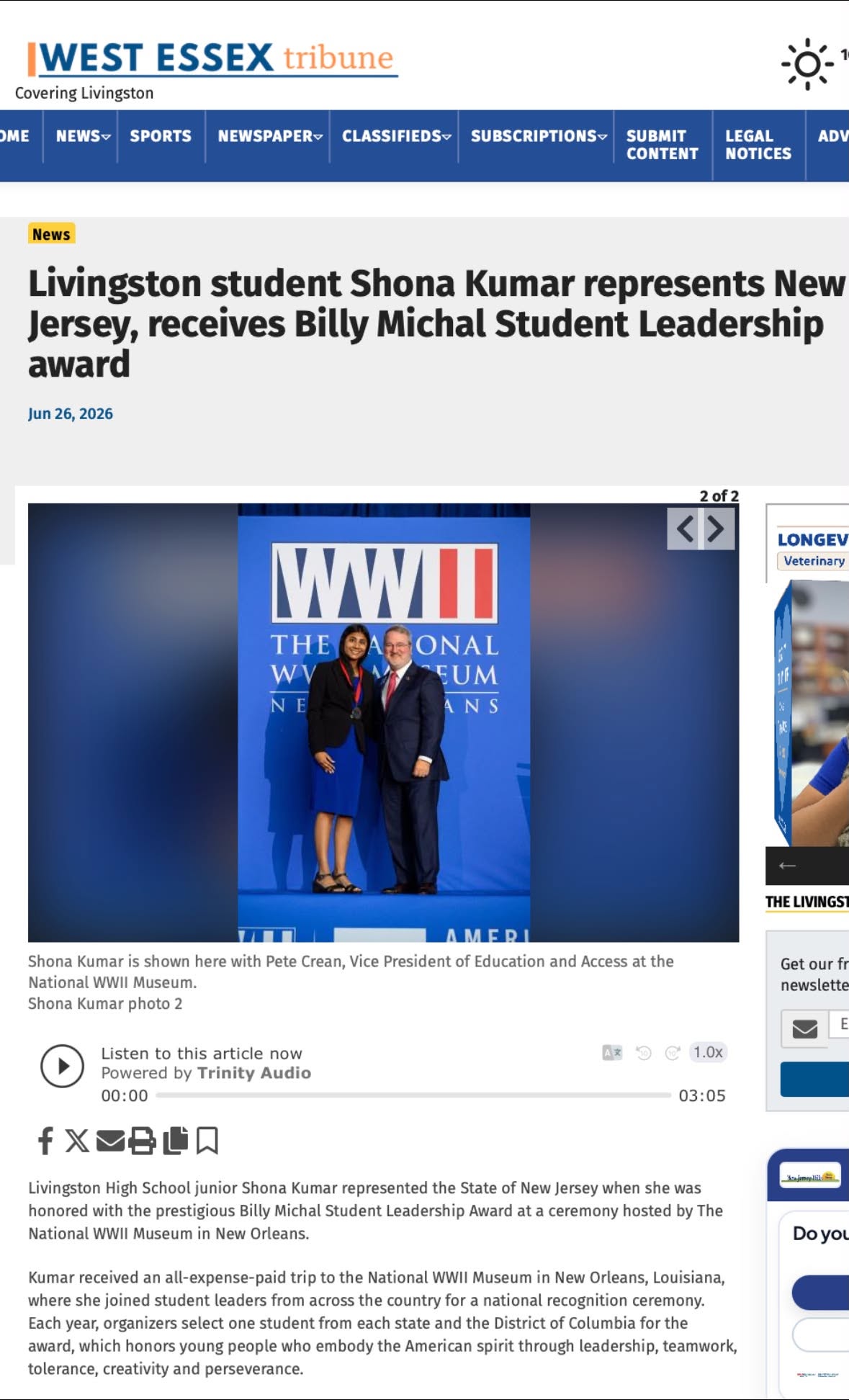 Recognition from WEST ESSEX tribune